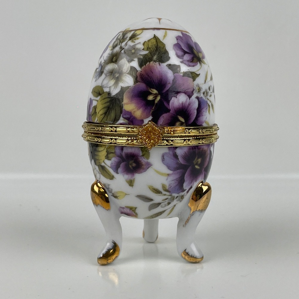 Formalities by Baum Bros Porcelain Egg Trinket Box Purple Pansy Floral Gold Trim